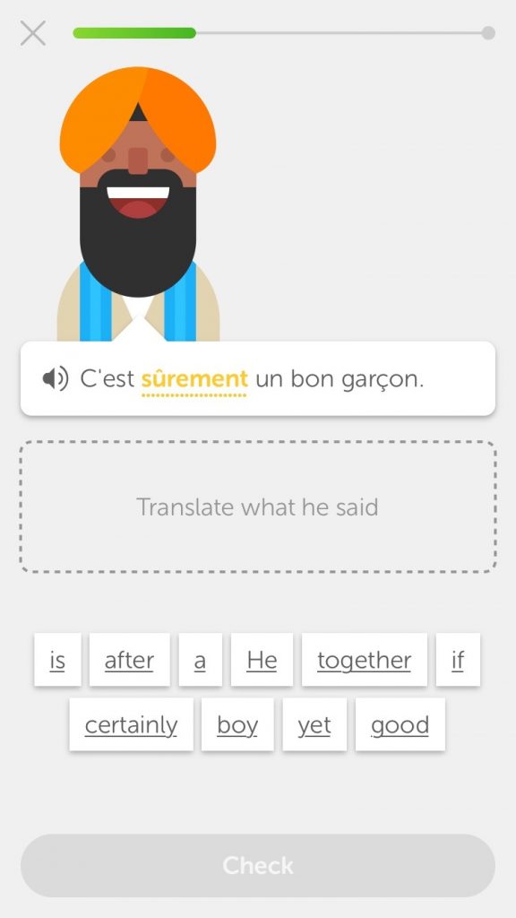 Screenshot from an adverb lesson in Duolingo