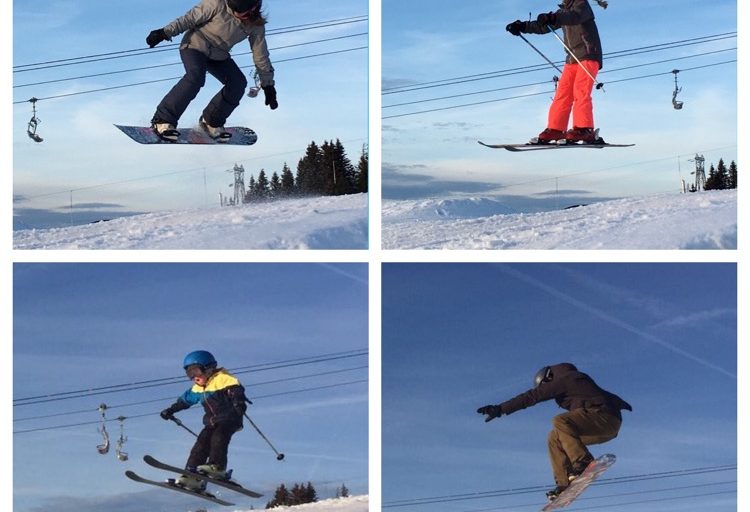 Family airtime in the park Skiing and snowboarding