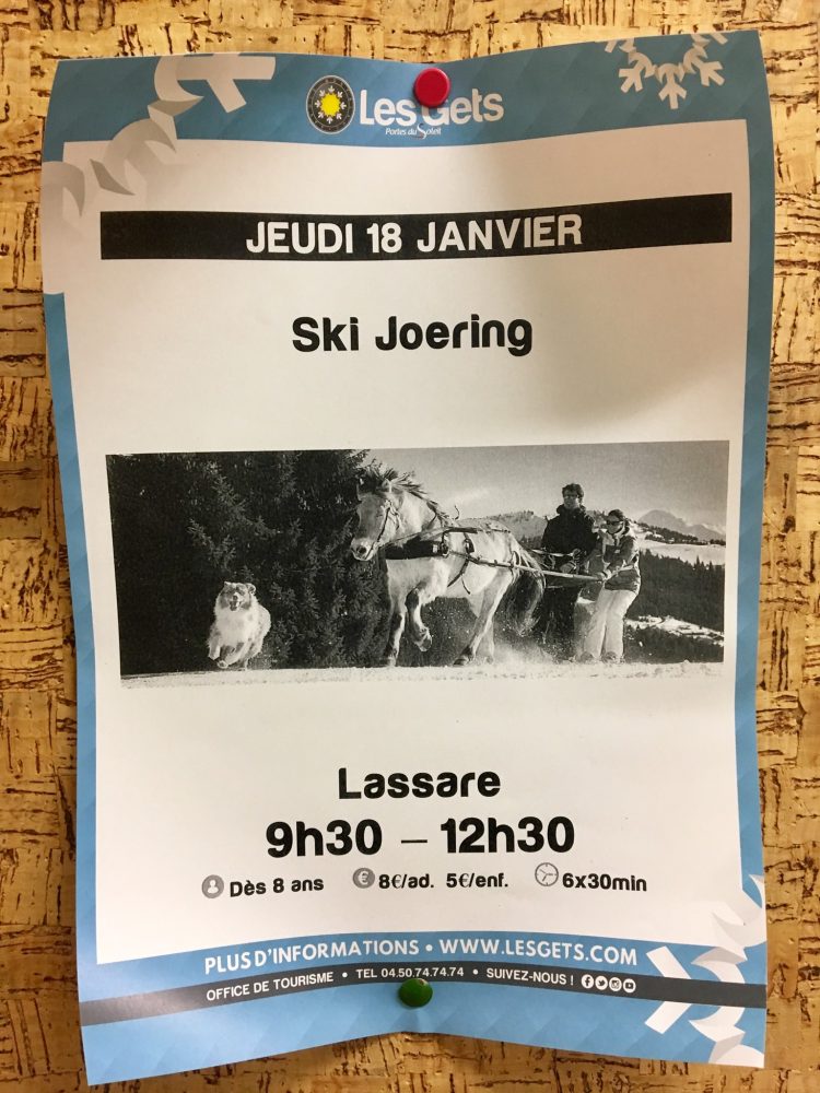 The tourist office poster advertising Ski-Joëring in Les Gets.