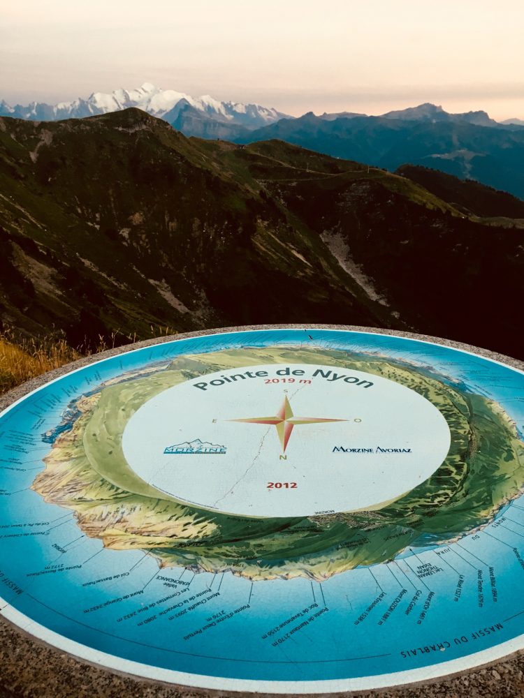 The trig point / map at the Pointe de Nyon (2019m) doubles as a handy picnic table with a sweet view of Mont Blanc!