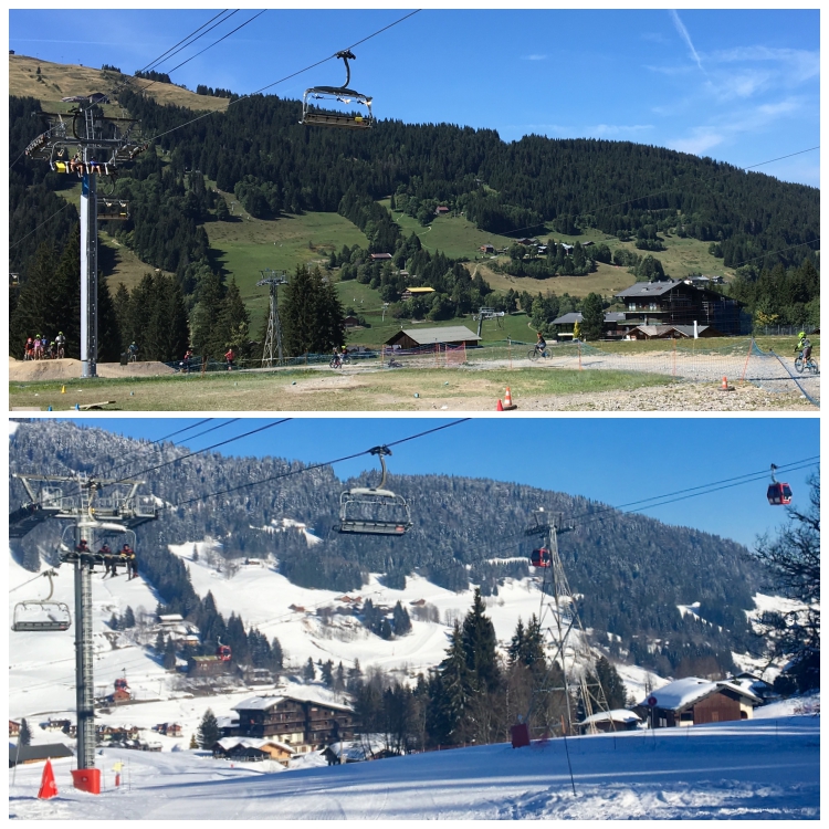 Seasonal comparison photos of the Chavannes lift at Gibannaz Les Gets Summer Winter Les Gets