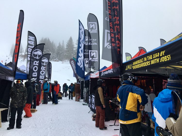 Testing out the new snowboard at the Rock on Snowboard Tour in Avoriaz