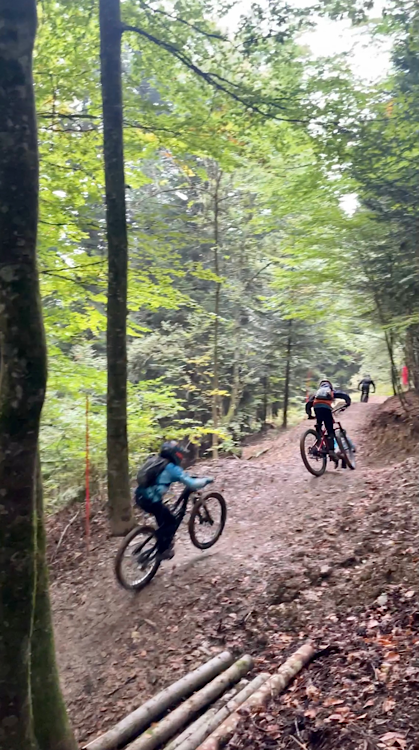 One of the easier sections of the red mountain bike trail at Les Haberes Bike Park.